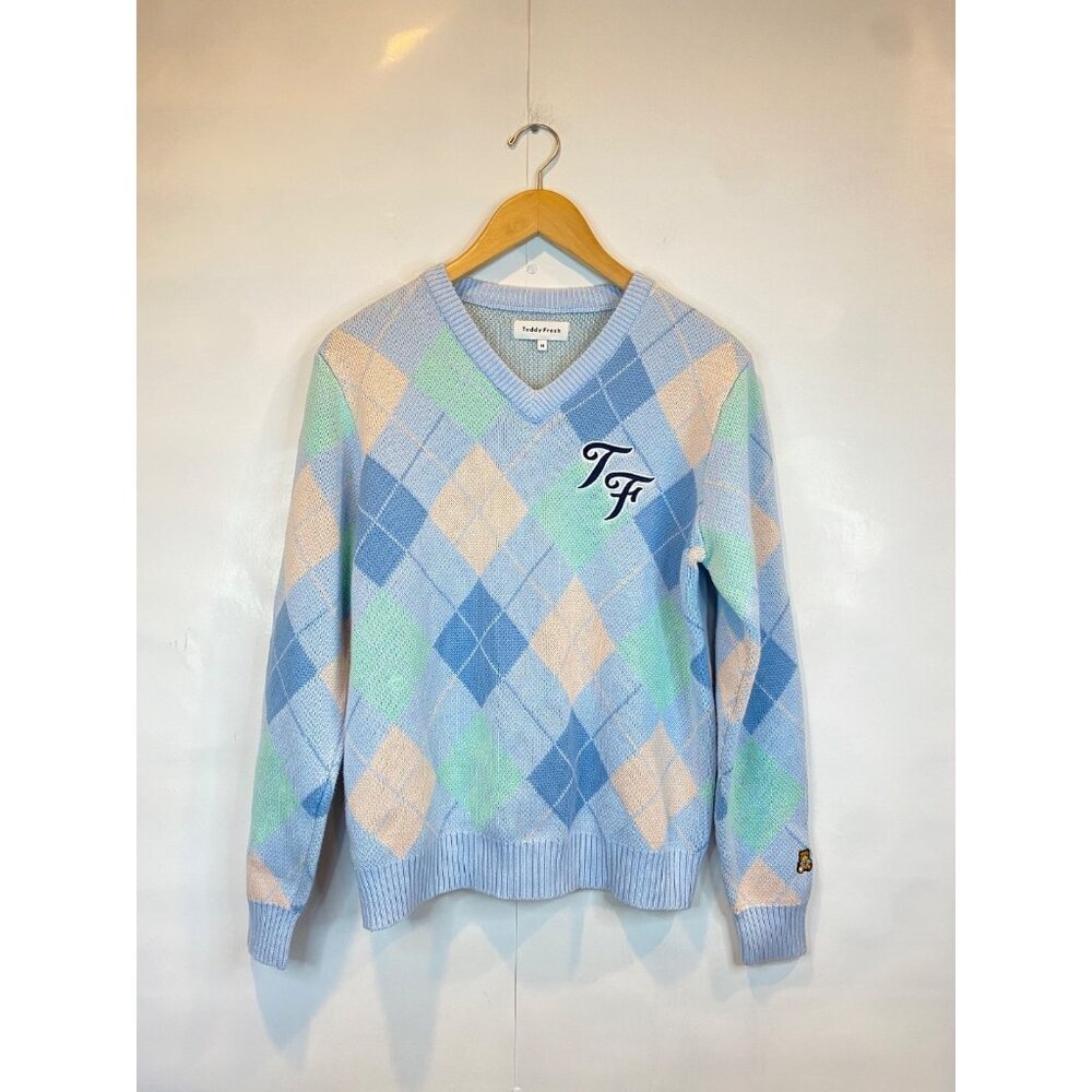 Teddy Fresh Women's Pastel V Neck Argyle Print Pullover Sweater Jumper Medium